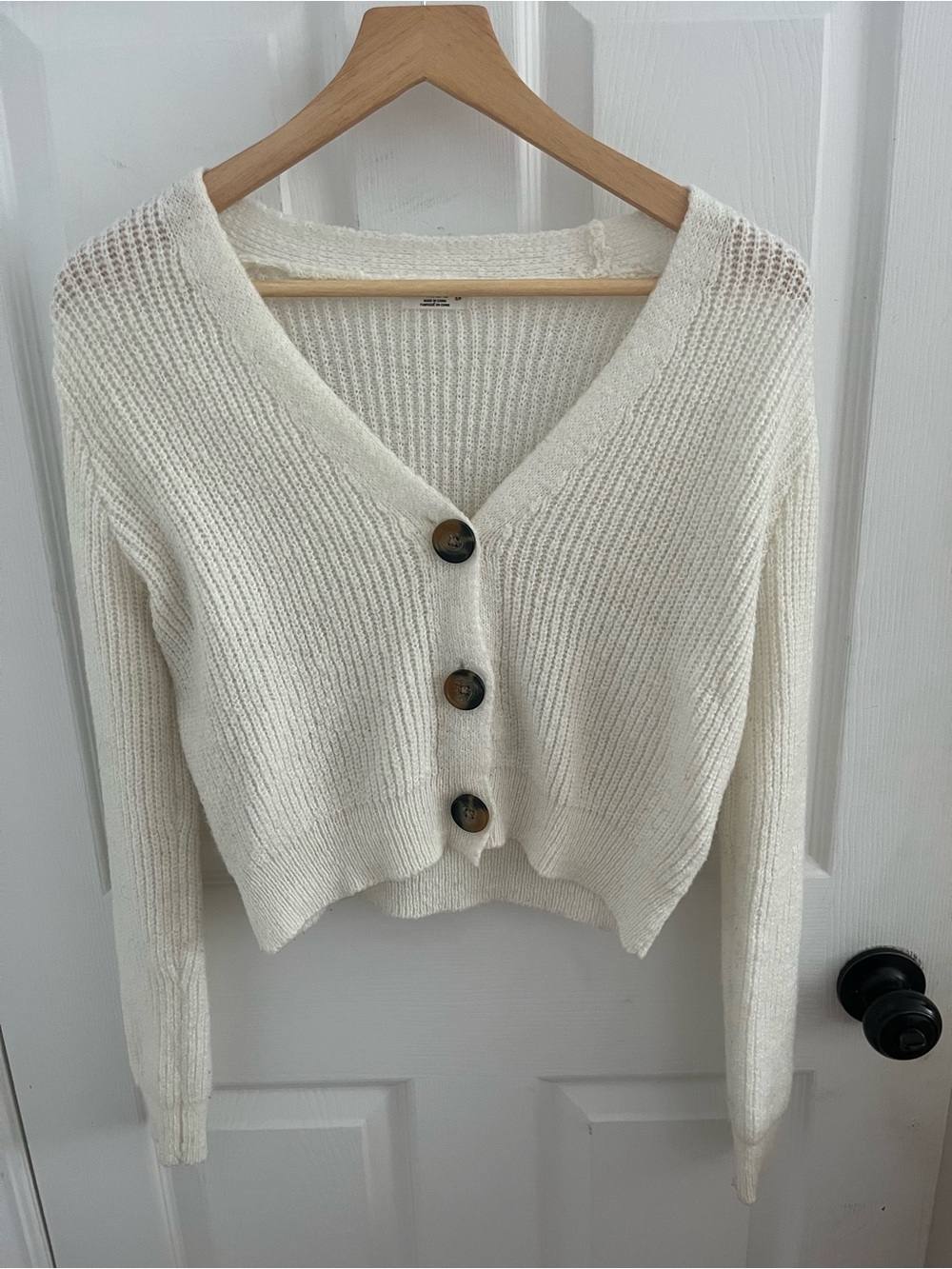 Women's Cream V-Neck Button Front Sweater Cardigan